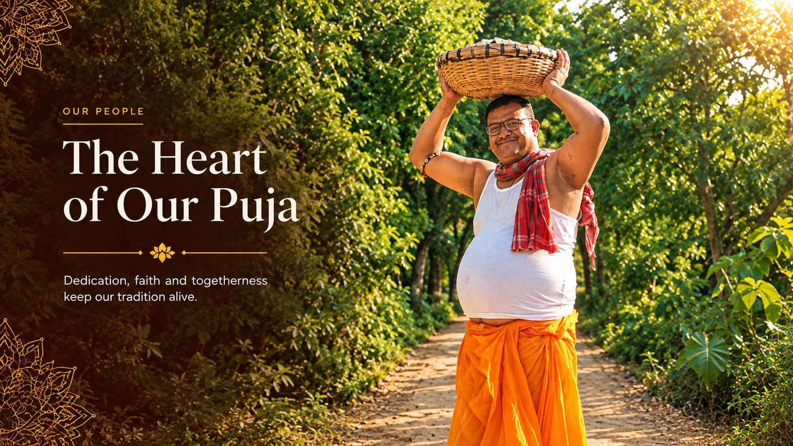 The Heart of Our Puja: a devotee carrying the offerings along the village path — dedication, faith and togetherness keep our tradition alive